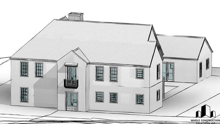 Architectural rendering of a two-story modern Scandinavian  with clean rooflines, central entry balcony, and rear wing addition created by Whole Construction Solutions LLC.